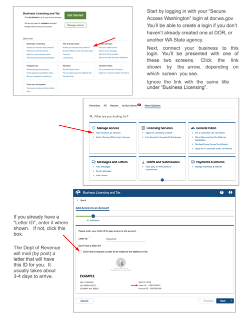 Steps to set up a WA Department of Revenue online account and add access