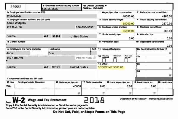 Sample W-2 showing shareholder health insurance in Box 1 and Box 14 but not Boxes 3 and 5